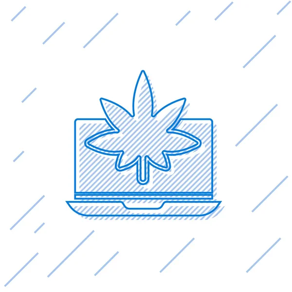 Línea Azul Laptop Marihuana Medicinal Icono Hoja Cannabis Aislado Sobre — Vector de stock