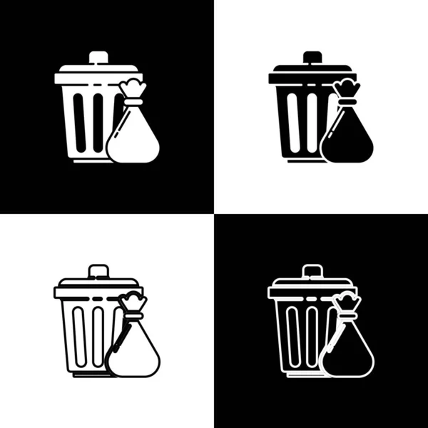Definir Lata Lixo Ícone Saco Lixo Isolado Fundo Preto Branco — Vetor de Stock