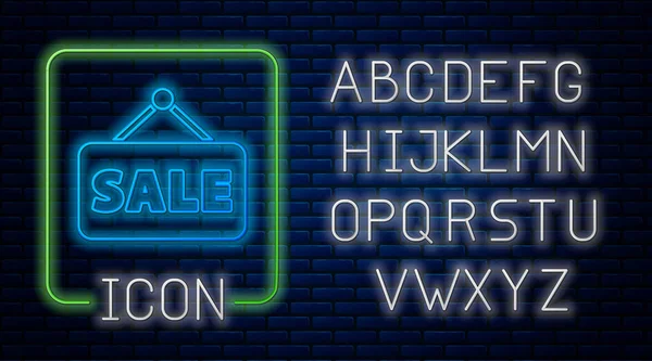 Gloeiende Neon Hangend Bord Met Tekst Sale Icoon Geïsoleerd Bakstenen — Stockvector