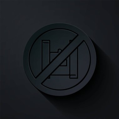 Kağıt kesiği Siyah arka planda izole edilmiş plastik poşet poster ikonuna hayır de. Tek kullanımlık selofan ve politen paket yasaklama işareti. Kağıt sanatı tarzı. Vektör İllüstrasyonu.