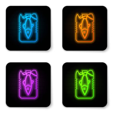 Parlayan neon durdurma okyanus plastik kirliliği simgesi beyaz arkaplanda izole edildi. Çevre koruma kavramı. Balıklar plastiğe hayır der. Siyah kare düğme. Vektör İllüstrasyonu.