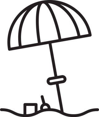 Beyaz arka planda izole edilmiş plaj ikonu için siyah çizgi güneş koruyucu şemsiye. Açık alan için büyük bir şemsiye. Plaj şemsiyesi Vektör İllüstrasyonu.