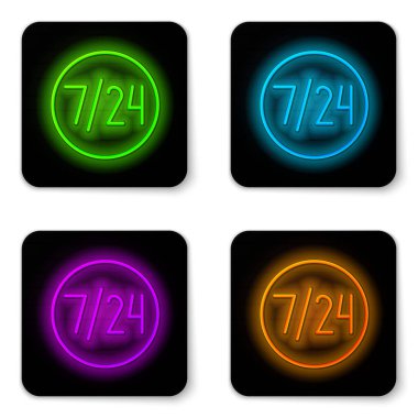 Parlayan neon hattı Clock 24 saat simgesi beyaz arkaplanda izole edildi. Tüm gün döngü simgesi. 24 saat hizmet sembolü. Siyah kare düğme. Vektör İllüstrasyonu.