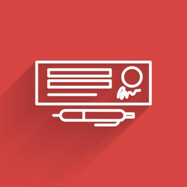 Banka kontrolünün beyaz çizgi boş şablonu ve uzun gölgeli kalem simgesi. Doldurulacak boş alanlarla birlikte kontrol defteri çek sayfası. Vektör İllüstrasyonu.