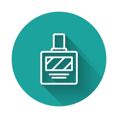 Uzun gölgeli beyaz çizgi tıraş losyonu ikonu. Parfüm spreyi ikonu. Erkek parfüm şişesi. Yeşil daire düğmesi. Vektör İllüstrasyonu.