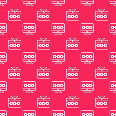 Parola bildirim simgesine sahip beyaz çizgi monitörü kırmızı arkaplanda izole edilmiş pürüzsüz desen. Güvenlik, kişisel erişim, kullanıcı yetkisi, giriş formu. Vektör İllüstrasyonu.