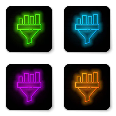 Işıldayan neon hattı satış hunisi beyaz arka planda izole edilmiş pazarlama ve başlangıç iş simgesi grafiği ile birlikte. Bilgi şablonu. Siyah kare düğme. Vektör İllüstrasyonu.