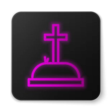 Beyaz zemin üzerinde çapraz simge izole edilmiş parlak neon çizgisi Tombstone. Mezar ikonu. Siyah kare düğme. Vektör İllüstrasyonu.
