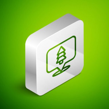 Yeşil arka planda izole edilmiş bir harita simgesi üzerinde ormanın Isometric çizgi konumu. Gümüş kare düğme. Vektör İllüstrasyonu.