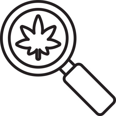 Beyaz arka planda siyah çizgi büyüteç ve tıbbi marihuana veya kenevir yaprağı ikonu var. Kenevir sembolü. Vektör İllüstrasyonu.