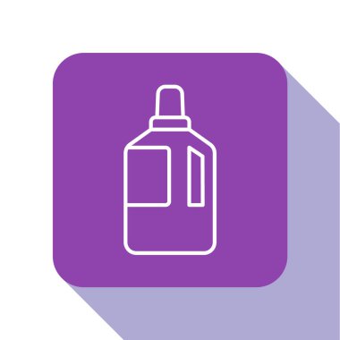 Beyaz çizgi kumaş yumuşatıcı simgesi beyaz arkaplanda izole edildi. Sıvı çamaşır deterjanı, saç kremi, temizlik maddesi, çamaşır suyu. Mor kare düğme. Vektör İllüstrasyonu.