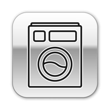 Siyah çizgi yıkama simgesi beyaz arkaplanda izole edildi. Çamaşır makinesi simgesi. Çamaşır makinesi, çamaşır makinesi. Ev aletleri sembolü. Gümüş kare düğme. Vektör İllüstrasyonu.