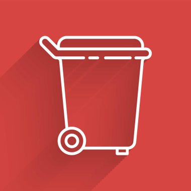 Uzun gölgeli beyaz çizgi çöp kutusu simgesi. Çöp kutusu tabelası. Sepet simgesini geri dönüştür. Ofis çöpü ikonu. Vektör İllüstrasyonu.