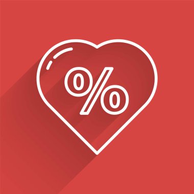 Beyaz çizgi, uzun gölgeli kalp ikonunda yüzde indirim etiketi. Etiket alışverişi. Özel teklif işareti. İndirim kuponları sembolü. Vektör İllüstrasyonu.