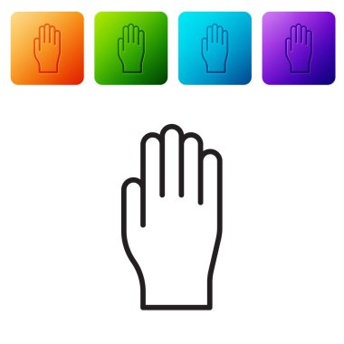 Siyah çizgi tıbbi lastik eldiven ikonu beyaz arka planda izole edildi. Koruyucu lastik eldivenler. Renkli kare düğmelerle simgeleri ayarla. Vektör İllüstrasyonu.