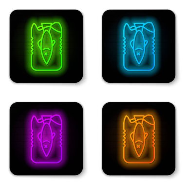 Parlayan neon hattı beyaz arkaplanda izole edilmiş okyanus plastik kirliliğini durdur. Çevre koruma kavramı. Balıklar plastiğe hayır der. Siyah kare düğme. Vektör İllüstrasyonu.