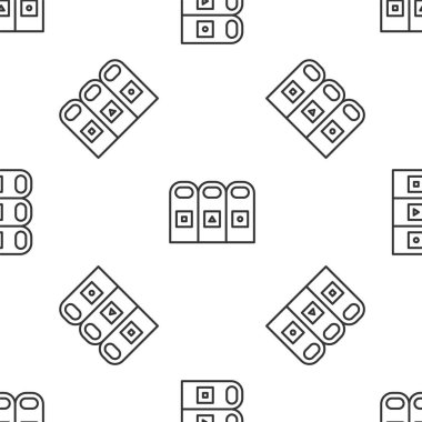 Çöp tenekelerindeki gri çizgi çöpleri, beyaz arka planda izole edilmiş çöp simgesiyle izole edilmiş. Sepet simgesini geri dönüştür. Vektör İllüstrasyonu.