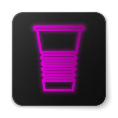 Parlayan neon çizgi kağıt cam ikonu beyaz arkaplanda izole edildi. Soda bardağı. Taze soğuk içecek sembolü. Siyah kare düğme. Vektör İllüstrasyonu.