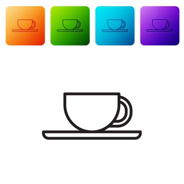 Siyah çizgi kahve fincanı simgesi beyaz arkaplanda izole edilmiş. Çay fincanı. Sıcak içecek kahvesi. Renkli kare düğmelerle simgeleri ayarla. Vektör İllüstrasyonu.