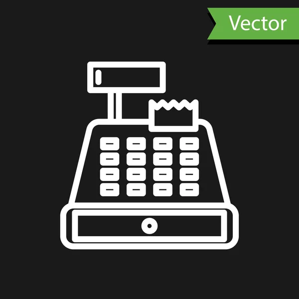 White Line Cash Register Machine Check Icon Isolated Black Background — Stock Vector