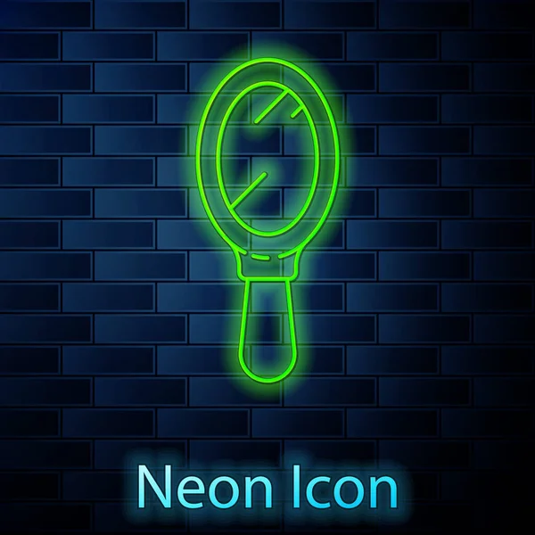 Glowing Neon Line Hand Mirror Icon Isolated Brick Wall Background — Stock Vector
