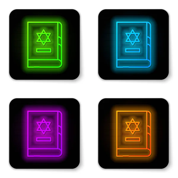 发光的霓虹灯线条犹太托拉书图标孤立在白色背景 圣经的封面是大卫之星的形象 黑色方块按钮 病媒图解 — 图库矢量图片