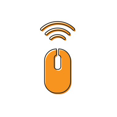 Turuncu kablosuz bilgisayar fare sistemi simgesi beyaz arkaplanda izole edildi. İnternet kavramının kablosuz bağlantısı. Vektör