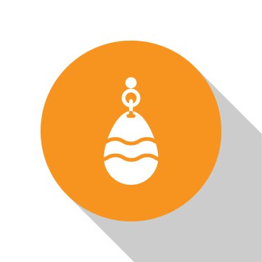 Beyaz arka planda beyaz kaşık simgesi izole edildi. Balık şeklinde olta yemleri. Balık oltası. Turuncu daire düğmesi. Vektör