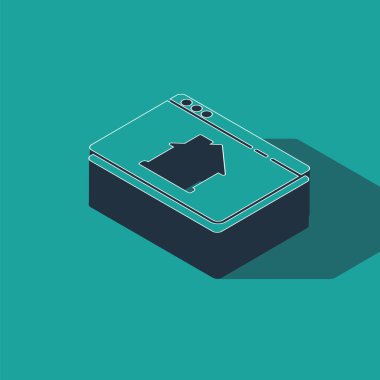 Tarayıcı simgesindeki Isometric Online emlak evi yeşil arka planda izole edildi. Ev kredisi konsepti, kira, satın alma, mülk alma. Vektör