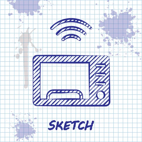 Schets lijn Smart magnetron oven systeem pictogram geïsoleerd op witte achtergrond. pictogram huishoudelijke apparaten. Internet of things concept met draadloze verbinding. Vector — Stockvector