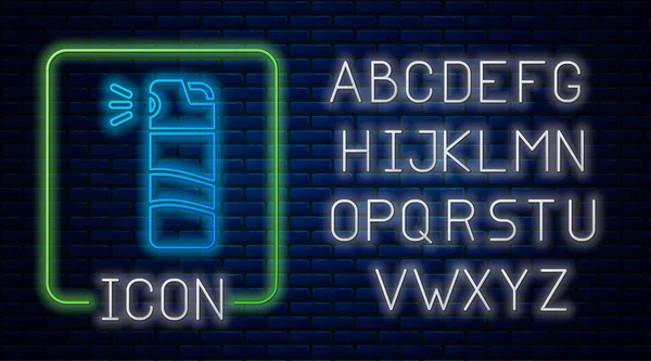 Brilhante neon Ícone de spray de pimenta isolado no fundo da parede de tijolo. Gás de CO. Aerossol de autodefesa Capsicum. Alfabeto claro de néon. Vetor — Vetor de Stock