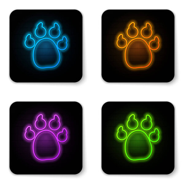 Glowing neon Paw print icon isolated on white background. Dog or cat paw print. Animal track. Black square button. Vector