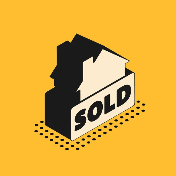 Isometric Hanging sign with text Sold icon isolated on yellow background. Sold sticker. Sold signboard. Vector — Stock Vector