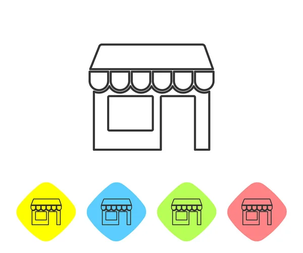 Línea gris Edificio de compras o icono de la tienda de mercado aislado sobre fondo blanco. Construcción de tiendas. Establecer iconos en los botones de rombo de color. Vector — Vector de stock
