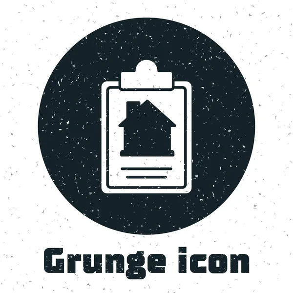 Grunge House contract icon isolated on white background. Contract creation service, document formation, application form composition. Monochrome vintage drawing. Vector — Stock Vector