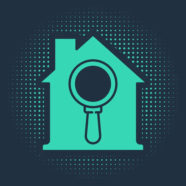 Icono de la casa Green Search aislado sobre fondo azul. Símbolo inmobiliario de una casa bajo lupa. Puntos aleatorios de círculo abstracto. Vector — Vector de stock