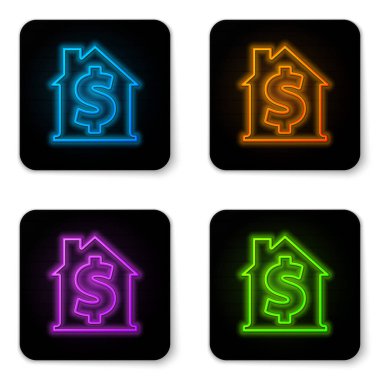 Beyaz arka planda dolar sembolü olan parıldayan neon ev. Ev ve para. Emlak konsepti. Siyah kare düğme. Vektör