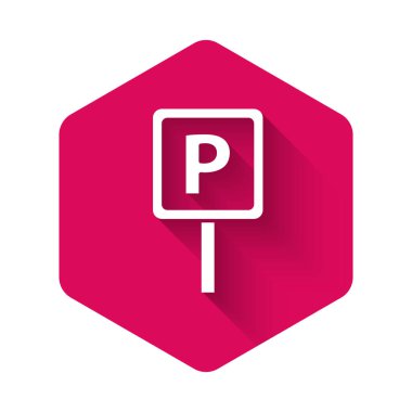 Beyaz Park simgesi uzun gölgeli izole edilmiş. Sokak tabelası. Pembe altıgen düğmesi. Vektör