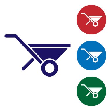 Mavi El Arabası simgesi beyaz arkaplanda izole edildi. Alet edevat. Tarım arabası tekerlek çiftliği. Renkli kare düğmelerle simgeleri ayarla. Vektör