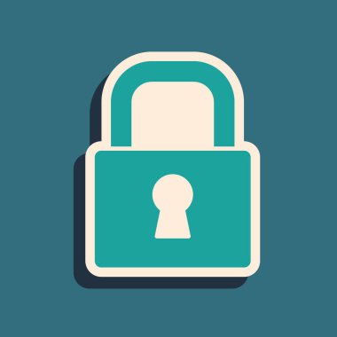 Yeşil Kilit simgesi yeşil arkaplanda izole edildi. Asma kilit işareti. Güvenlik, güvenlik, koruma, gizlilik kavramı. Uzun gölge tarzı. Vektör