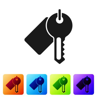 Siyah İşaretli anahtar simgesi beyaz arkaplanda izole edildi. Renkli kare düğmelerle simgeleri ayarla. Vektör