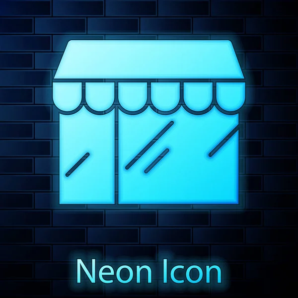 Leuchtende Neon-Shopping-Gebäude oder Marktladen-Symbol isoliert auf Backsteinwand Hintergrund. Ladenbau. Vektor — Stockvektor