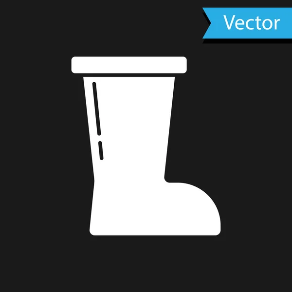 Icône de botte en caoutchouc imperméable blanc isolé sur fond noir. Bottes en gomme pour temps pluvieux, pêche, jardinage. Vecteur — Image vectorielle