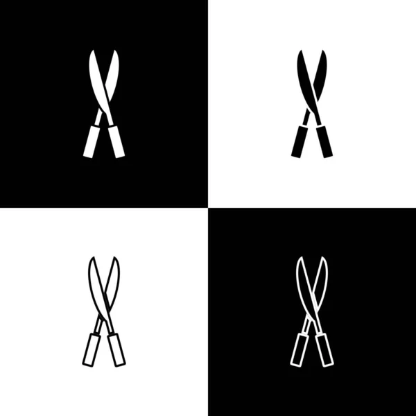 Set Gardening handgefertigte Schere zum Trimmen Symbol isoliert auf schwarzem und weißem Hintergrund. Baumscheren mit Holzgriffen. Vektor — Stockvektor