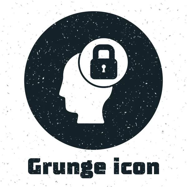 Grunge Cabeça humana com ícone de bloqueio isolado no fundo branco. Desenho vintage monocromático. Vetor — Vetor de Stock