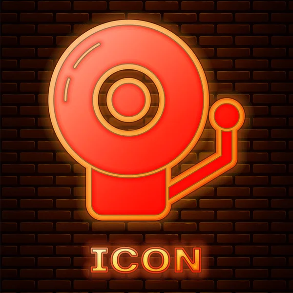 Glödande neon Ringande larm klocka ikon isolerad på tegel vägg bakgrund. Larmsymbol, service klocka, handbell tecken, anmälan symbol. Vektor — Stock vektor