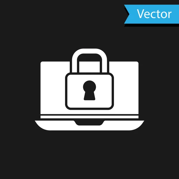 Ordinateur portable blanc et icône de verrouillage isolé sur fond noir. Ordinateur et cadenas. Sécurité, sûreté, concept de protection. Interréseau sécurisé. Vecteur — Image vectorielle