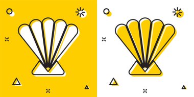 Sarı ve beyaz arkaplanda siyah deniz kabuğu simgesi izole edildi. Deniz kabuğu işareti. Rastgele dinamik şekiller. Vektör.