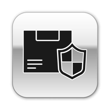 Beyaz zemin üzerinde kalkan simgesi olan Kara Teslimat güvenliği. Teslimat sigortası. Kalkanın ötesinde sigorta kutuları var. Gümüş kare düğme. Vektör.