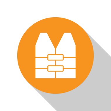 Beyaz Hayat ceketi simgesi beyaz arkaplanda izole edildi. Can yeleği ikonu. Olağanüstü bir spor. Spor malzemeleri. Turuncu daire düğmesi. Vektör.